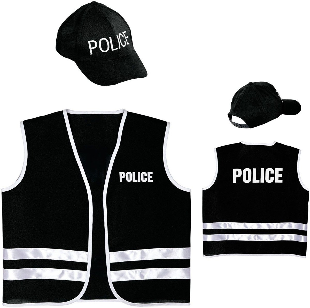 Politie & Detective Kostuum | Zwart Politievest Met Cap Kind | Maat 140 | Carnaval kostuum | Verkleedkleding